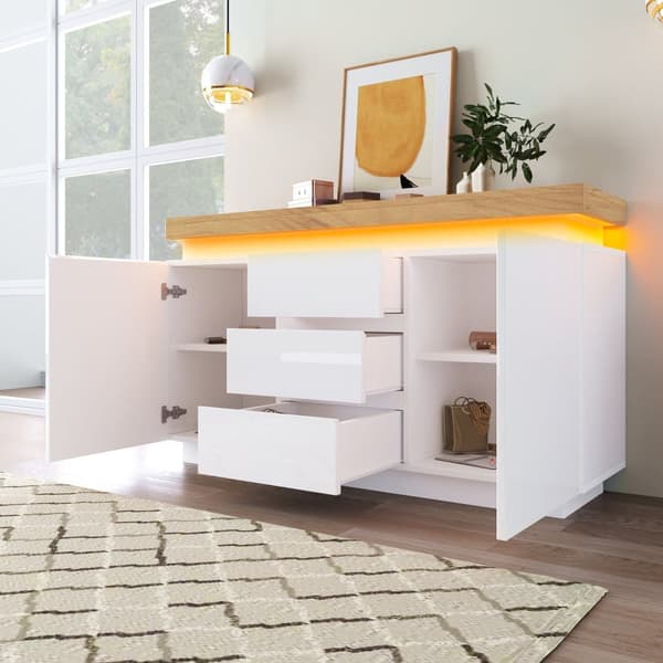 Vit högblank skänk med LED-belysning (Appstyrd) – 2 dörrar & 3 lådor, för vardagsrum/sovrum – 81x140x39 cm