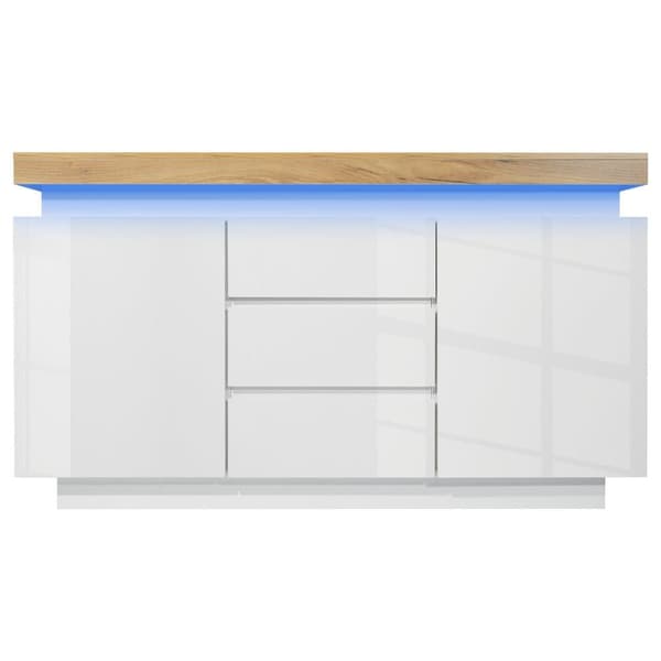 Vit högblank skänk med LED-belysning (Appstyrd) – 2 dörrar & 3 lådor, för vardagsrum/sovrum – 81x140x39 cm