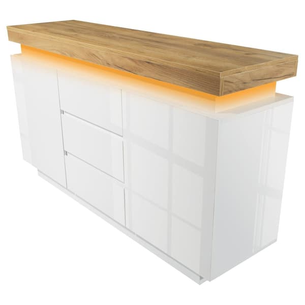 Vit högblank skänk med LED-belysning (Appstyrd) – 2 dörrar & 3 lådor, för vardagsrum/sovrum – 81x140x39 cm