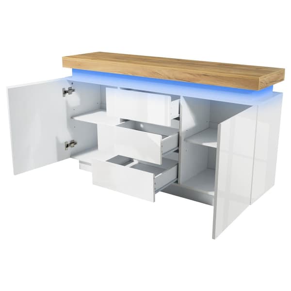 Vit högblank skänk med LED-belysning (Appstyrd) – 2 dörrar & 3 lådor, för vardagsrum/sovrum – 81x140x39 cm