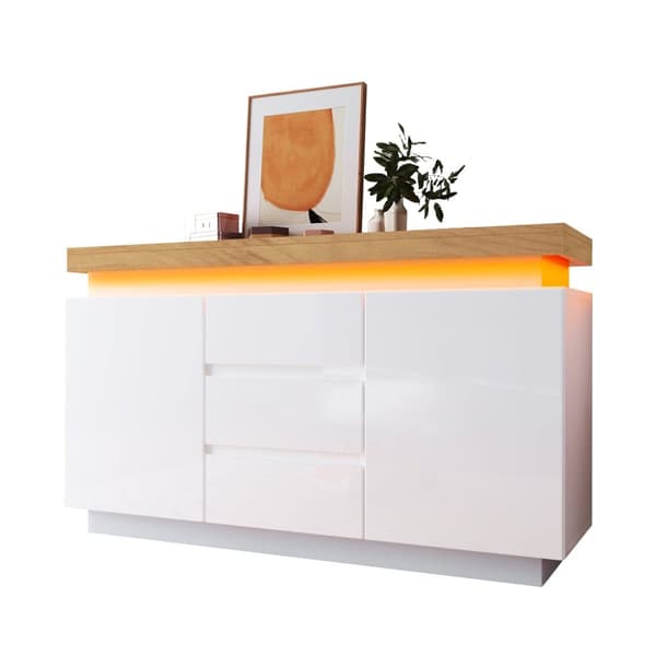 Vit högblank skänk med LED-belysning (Appstyrd) – 2 dörrar & 3 lådor, för vardagsrum/sovrum – 81x140x39 cm