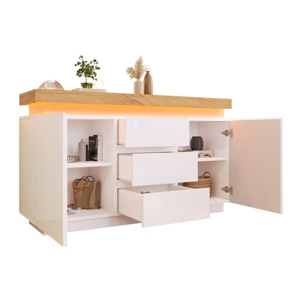 Vit högblank skänk med LED-belysning (Appstyrd) – 2 dörrar & 3 lådor, för vardagsrum/sovrum – 81x140x39 cm