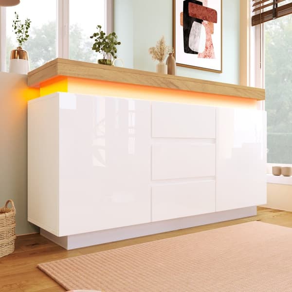 Vit högblank skänk med LED-belysning (Appstyrd) – 2 dörrar & 3 lådor, för vardagsrum/sovrum – 81x140x39 cm