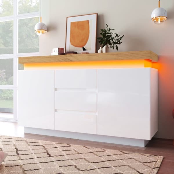 Vit högblank skänk med LED-belysning (Appstyrd) – 2 dörrar & 3 lådor, för vardagsrum/sovrum – 81x140x39 cm