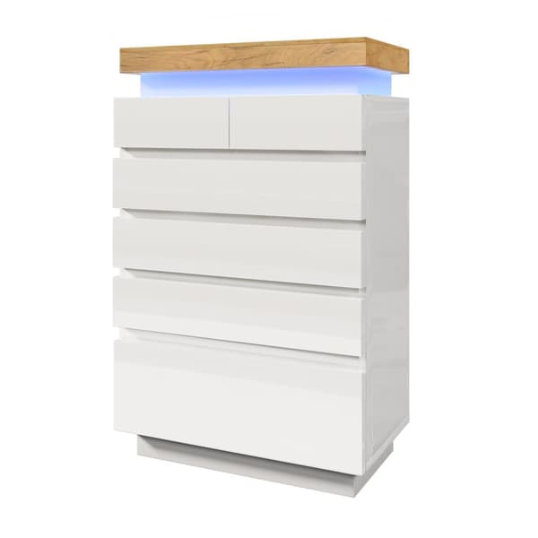 Valkoinen korkeakiiltoinen senkki 6 laatikolla ja LED-valaistuksella (sovellusohjattu) – Olohuoneeseen ja makuuhuoneeseen – 115x73x39 cm