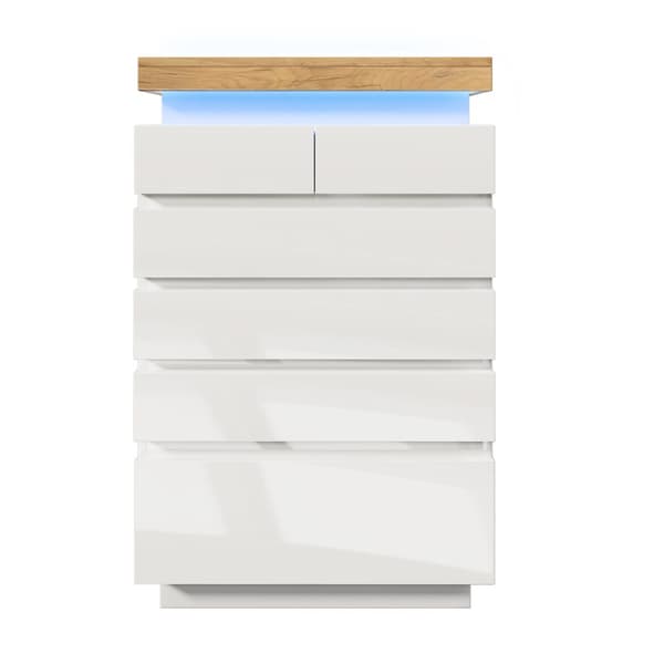 Valkoinen korkeakiiltoinen senkki 6 laatikolla ja LED-valaistuksella (sovellusohjattu) – Olohuoneeseen ja makuuhuoneeseen – 115x73x39 cm
