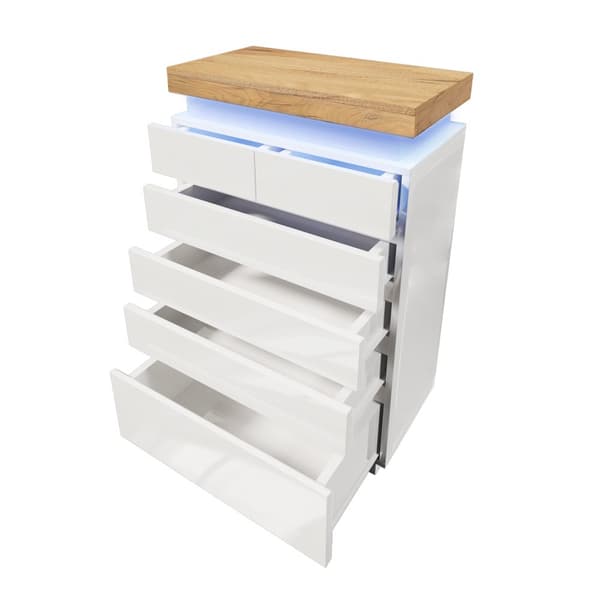 Valkoinen korkeakiiltoinen senkki 6 laatikolla ja LED-valaistuksella (sovellusohjattu) – Olohuoneeseen ja makuuhuoneeseen – 115x73x39 cm