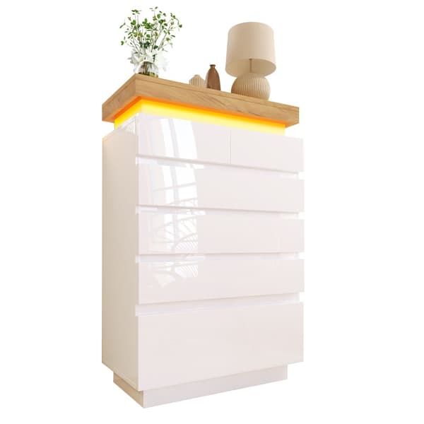 Valkoinen korkeakiiltoinen senkki 6 laatikolla ja LED-valaistuksella (sovellusohjattu) – Olohuoneeseen ja makuuhuoneeseen – 115x73x39 cm