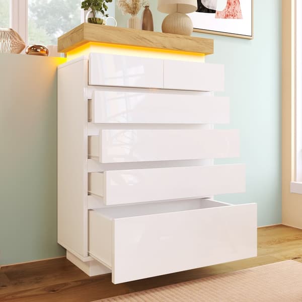 Valkoinen korkeakiiltoinen senkki 6 laatikolla ja LED-valaistuksella (sovellusohjattu) – Olohuoneeseen ja makuuhuoneeseen – 115x73x39 cm