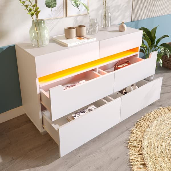 Vit sideboard i trä med 6 lådor och LED-belysning (Appstyrd) – För vardagsrum & sovrum – 71x120x40 cm