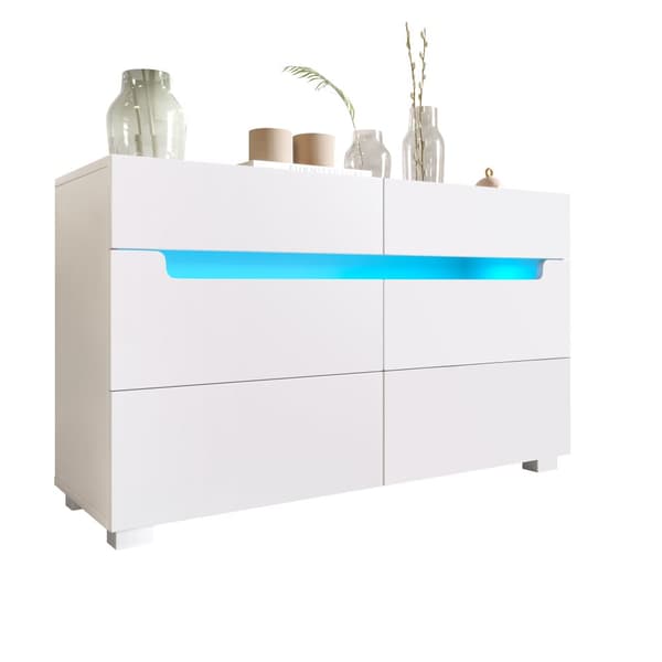 Vit sideboard i trä med 6 lådor och LED-belysning (Appstyrd) – För vardagsrum & sovrum – 71x120x40 cm