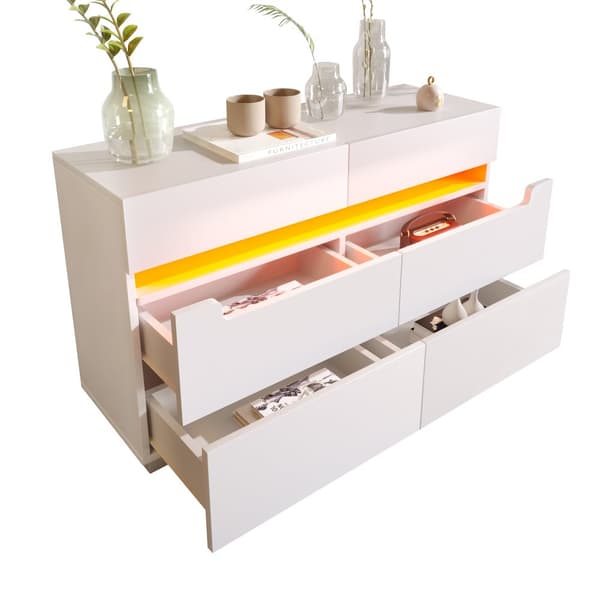 Vit sideboard i trä med 6 lådor och LED-belysning (Appstyrd) – För vardagsrum & sovrum – 71x120x40 cm