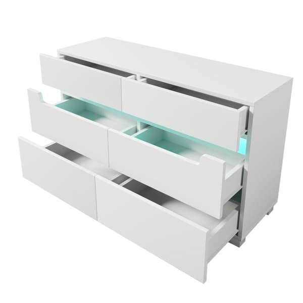 Vit sideboard i trä med 6 lådor och LED-belysning (Appstyrd) – För vardagsrum & sovrum – 71x120x40 cm