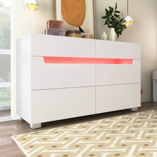 Vit sideboard i trä med 6 lådor och LED-belysning (Appstyrd) – För vardagsrum & sovrum – 71x120x40 cm