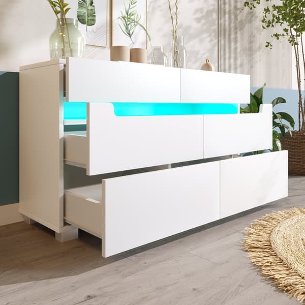 Vit sideboard i trä med 6 lådor och LED-belysning (Appstyrd) – För vardagsrum & sovrum – 71x120x40 cm