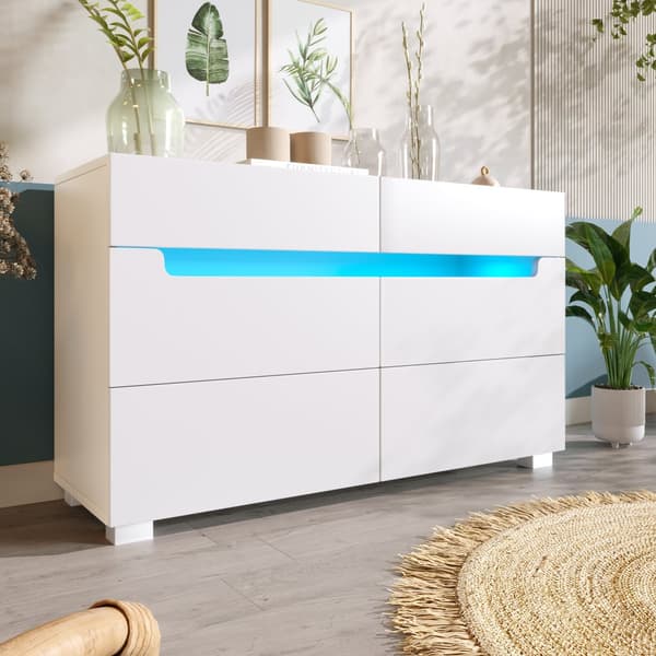 Vit sideboard i trä med 6 lådor och LED-belysning (Appstyrd) – För vardagsrum & sovrum – 71x120x40 cm