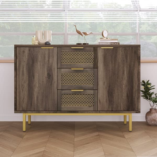 Mörkbrun sideboard med 3 lådor och 2 dörrar – Förvaringsskåp med metallhandtag för hall, sovrum & vardagsrum – 76x120x40 cm