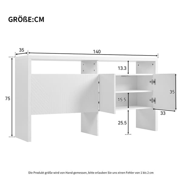 Moderni senkki 140 x 35 x 75 cm - 4 ovea - 2 avointa lokeroa - MDF - Valkoinen
