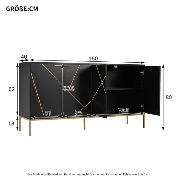 Senkki, jossa on 4 ovea, musta ja kulta – Metallijalat ja lineaarinen kuvio – TV:hen, säilytystilaan tai vaatekaappiin – 150x40x80 cm