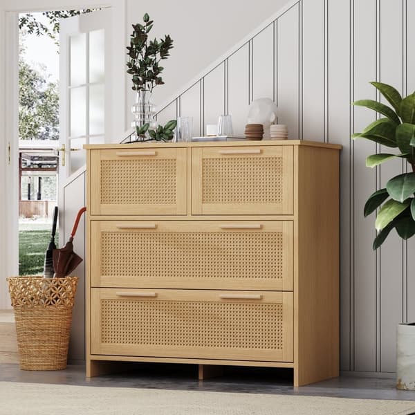 Rottinkikaappi 4 laatikolla – Säilytyskaappi massiivipuisilla kahvoilla, maalaistyyli makuuhuoneeseen, olohuoneeseen tai eteiseen – 80x80x38 cm