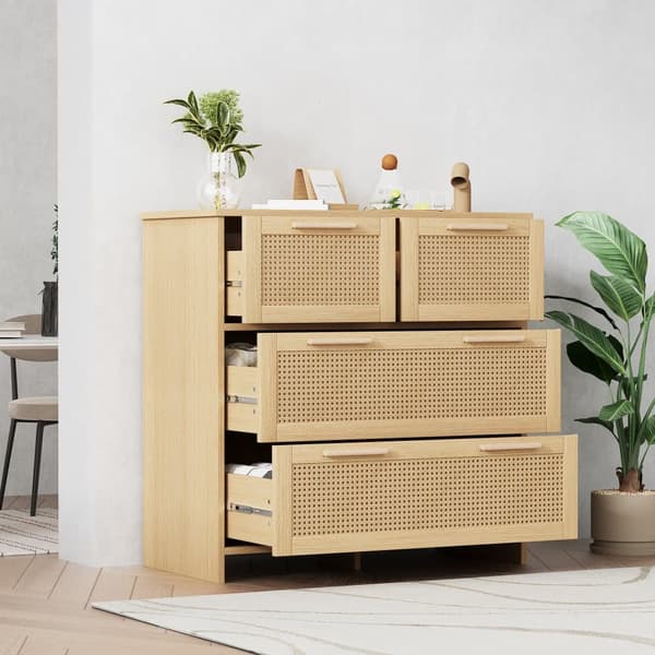 Rottinkikaappi 4 laatikolla – Säilytyskaappi massiivipuisilla kahvoilla, maalaistyyli makuuhuoneeseen, olohuoneeseen tai eteiseen – 80x80x38 cm