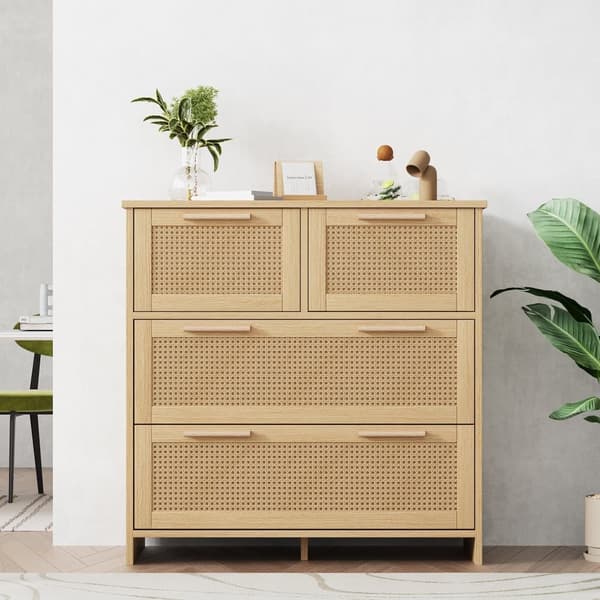 Rottinkikaappi 4 laatikolla – Säilytyskaappi massiivipuisilla kahvoilla, maalaistyyli makuuhuoneeseen, olohuoneeseen tai eteiseen – 80x80x38 cm
