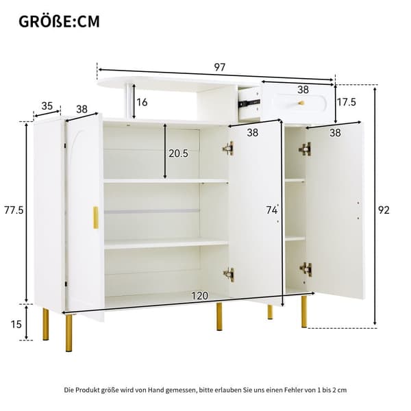 Opbevaringsskab med 1 skuffe og 3 låger – Vaskeskab/skænk/skoskab med metalhåndtag og metalben – Hvid – 120x35x92 cm