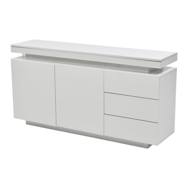 Moderni korkeakiiltoinen senkki LED-valaistuksella – Valkoinen olohuoneeseen – 2 ovea, 3 laatikkoa, ilman kahvoja – 140x35x72,5 cm