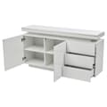 Pikkukuva 7 / 11: Moderni korkeakiiltoinen senkki LED-valaistuksella – Valkoinen olohuoneeseen – 2 ovea, 3 laatikkoa, ilman kahvoja – 140x35x72,5 cm