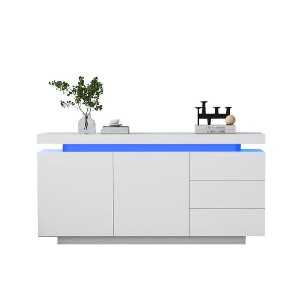 Moderni korkeakiiltoinen senkki LED-valaistuksella – Valkoinen olohuoneeseen – 2 ovea, 3 laatikkoa, ilman kahvoja – 140x35x72,5 cm