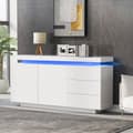 Pikkukuva 2 / 11: Moderni korkeakiiltoinen senkki LED-valaistuksella – Valkoinen olohuoneeseen – 2 ovea, 3 laatikkoa, ilman kahvoja – 140x35x72,5 cm