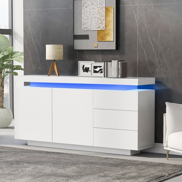 Moderni korkeakiiltoinen senkki LED-valaistuksella – Valkoinen olohuoneeseen – 2 ovea, 3 laatikkoa, ilman kahvoja – 140x35x72,5 cm