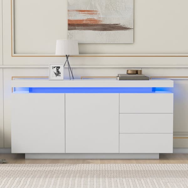 Modernt sideboard i högglans med LED-belysning – Vit för vardagsrum – 2 dörrar, 3 lådor, utan handtag – 140x35x72,5 cm
