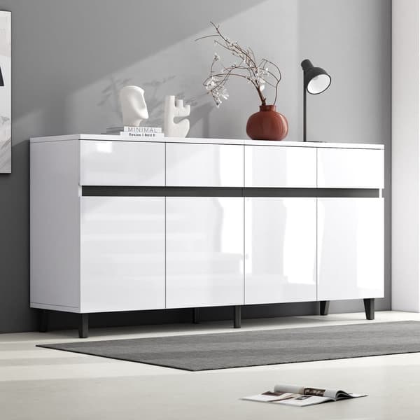 Högglans sideboard 160x40x68 cm – Vit skänk med 4 lådor, 2 dörrar och justerbara hyllor, modern förvaringsmöbel