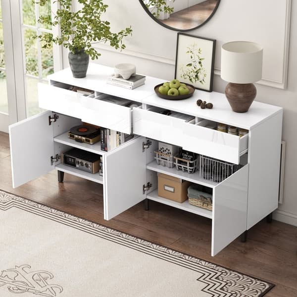 Högglans sideboard 160x40x68 cm – Vit skänk med 4 lådor, 2 dörrar och justerbara hyllor, modern förvaringsmöbel