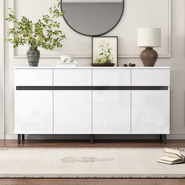 Högglans sideboard 160x40x68 cm – Vit skänk med 4 lådor, 2 dörrar och justerbara hyllor, modern förvaringsmöbel