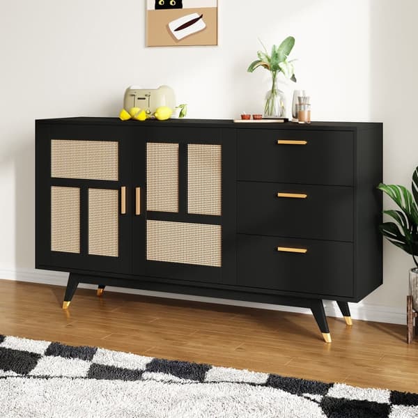 Modern svart skänk med rottingdörrar och 3 lådor – Förvaringsskåp med 2 dörrar och gulddetaljer – 160×40×87 cm
