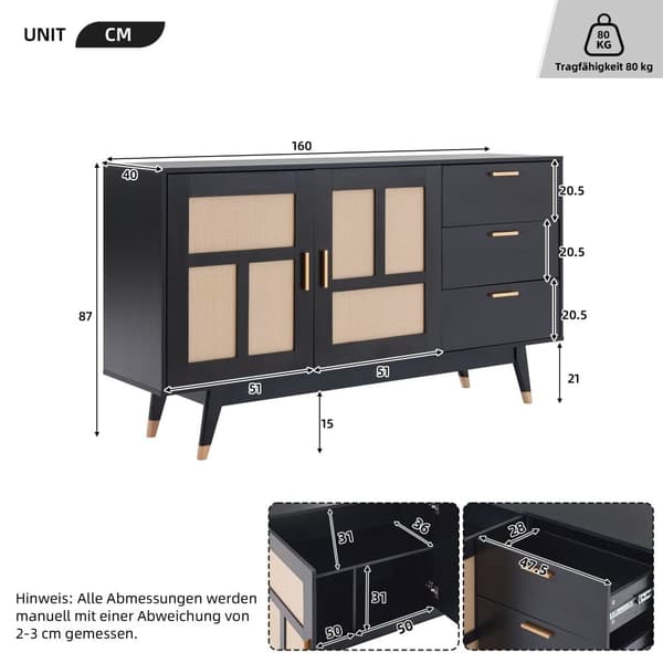 Modern svart skänk med rottingdörrar och 3 lådor – Förvaringsskåp med 2 dörrar och gulddetaljer – 160×40×87 cm