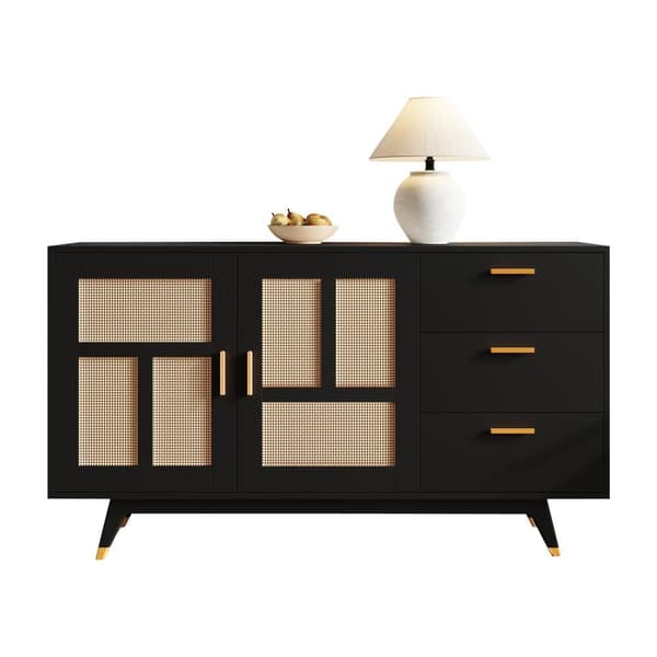 Modern svart skänk med rottingdörrar och 3 lådor – Förvaringsskåp med 2 dörrar och gulddetaljer – 160×40×87 cm