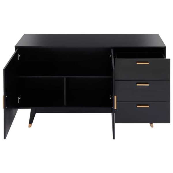 Modern svart skänk med rottingdörrar och 3 lådor – Förvaringsskåp med 2 dörrar och gulddetaljer – 160×40×87 cm