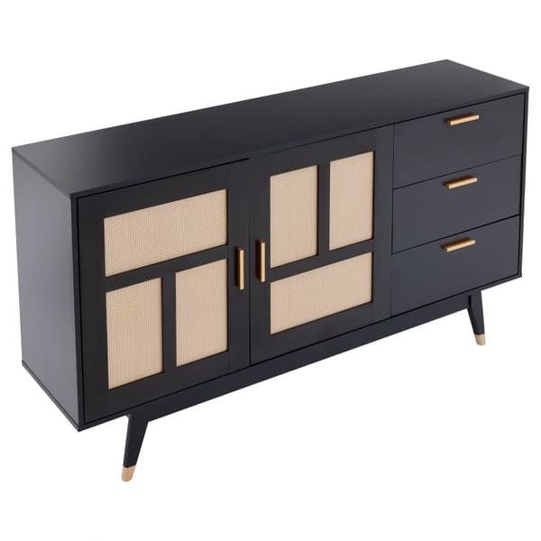 Modern svart skänk med rottingdörrar och 3 lådor – Förvaringsskåp med 2 dörrar och gulddetaljer – 160×40×87 cm