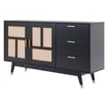 Miniatyrbild 8 av 11: Modern svart skänk med rottingdörrar och 3 lådor – Förvaringsskåp med 2 dörrar och gulddetaljer – 160×40×87 cm