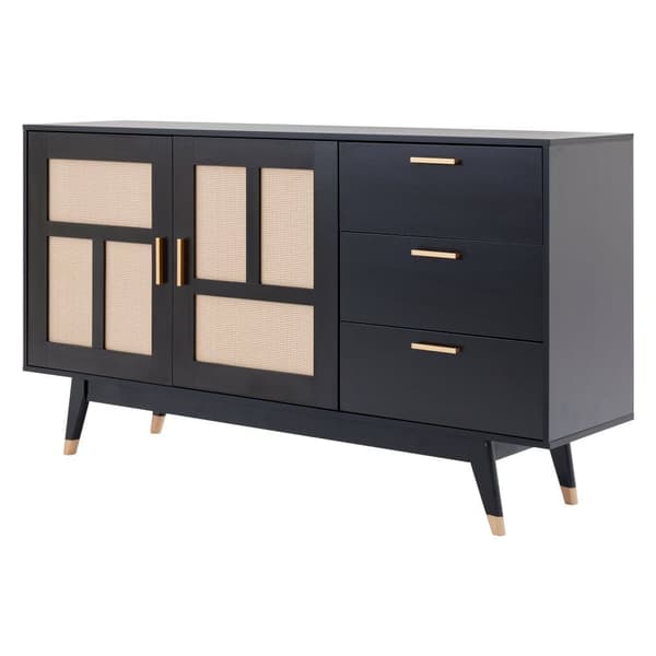 Modern svart skänk med rottingdörrar och 3 lådor – Förvaringsskåp med 2 dörrar och gulddetaljer – 160×40×87 cm