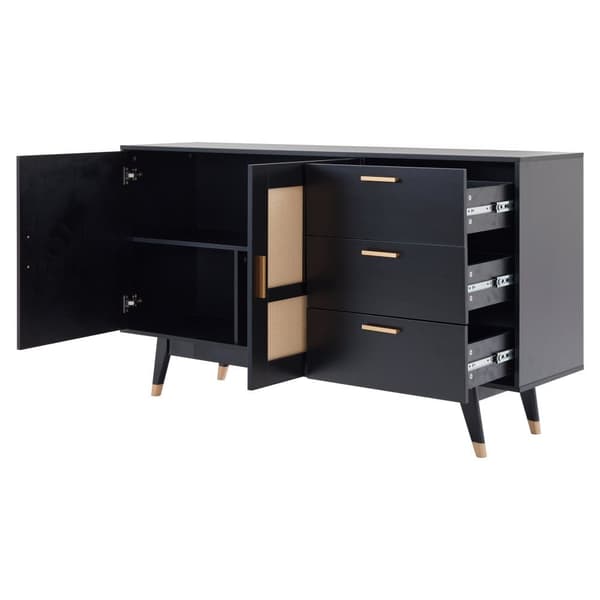 Modern svart skänk med rottingdörrar och 3 lådor – Förvaringsskåp med 2 dörrar och gulddetaljer – 160×40×87 cm