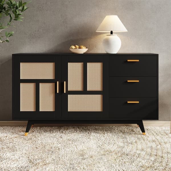 Modern svart skänk med rottingdörrar och 3 lådor – Förvaringsskåp med 2 dörrar och gulddetaljer – 160×40×87 cm