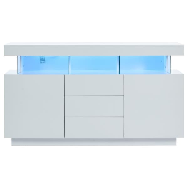 Moderni kiiltävä valkoinen senkki LED-valaistuksella – 140×35×80 cm, akryyliyksityiskohdat, täydellinen ruokasaliin, keittiöön tai eteiseen