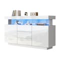 Pikkukuva 6 / 11: Moderni kiiltävä valkoinen senkki LED-valaistuksella – 140×35×80 cm, akryyliyksityiskohdat, täydellinen ruokasaliin, keittiöön tai eteiseen