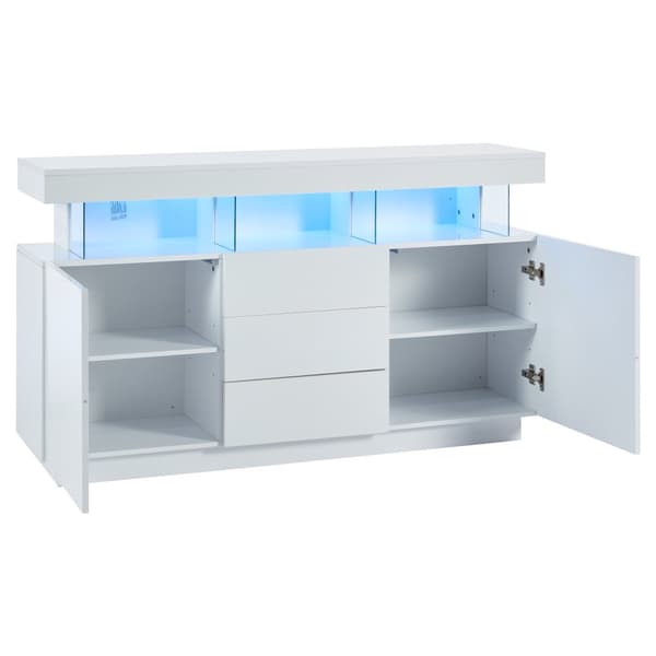Moderni kiiltävä valkoinen senkki LED-valaistuksella – 140×35×80 cm, akryyliyksityiskohdat, täydellinen ruokasaliin, keittiöön tai eteiseen