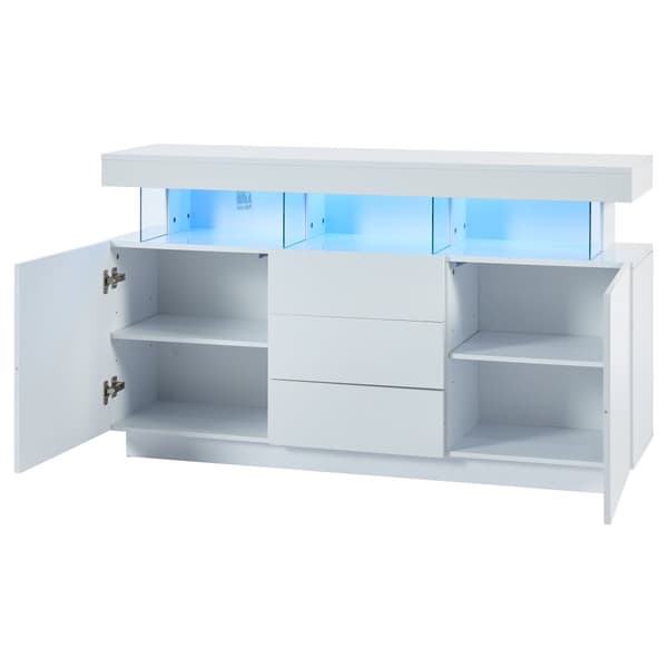 Moderni kiiltävä valkoinen senkki LED-valaistuksella – 140×35×80 cm, akryyliyksityiskohdat, täydellinen ruokasaliin, keittiöön tai eteiseen