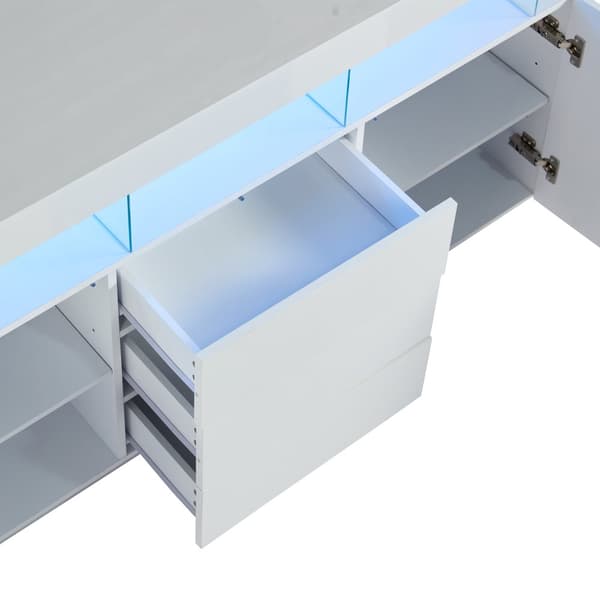 Moderni kiiltävä valkoinen senkki LED-valaistuksella – 140×35×80 cm, akryyliyksityiskohdat, täydellinen ruokasaliin, keittiöön tai eteiseen